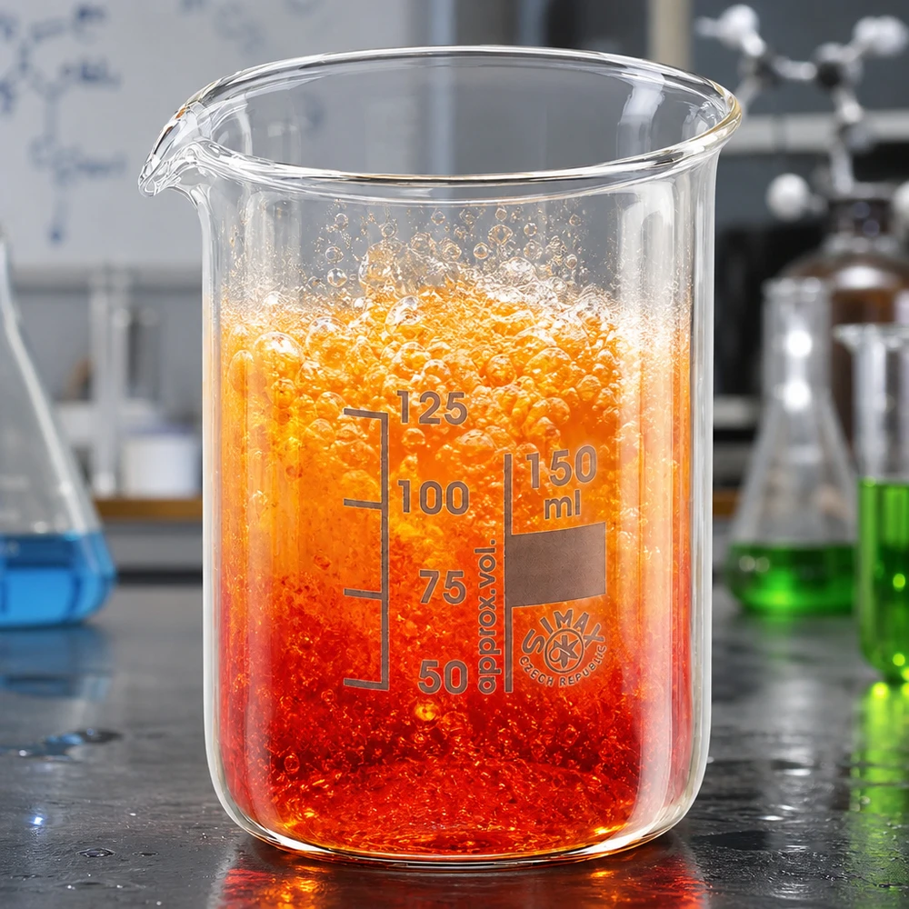 Bægerglas 150 ml borosilikatglas, lav form Laboratoriekvalitetsbæger 150 ml lav form med orangerød reaktionsopløsning og klar milliliterskala