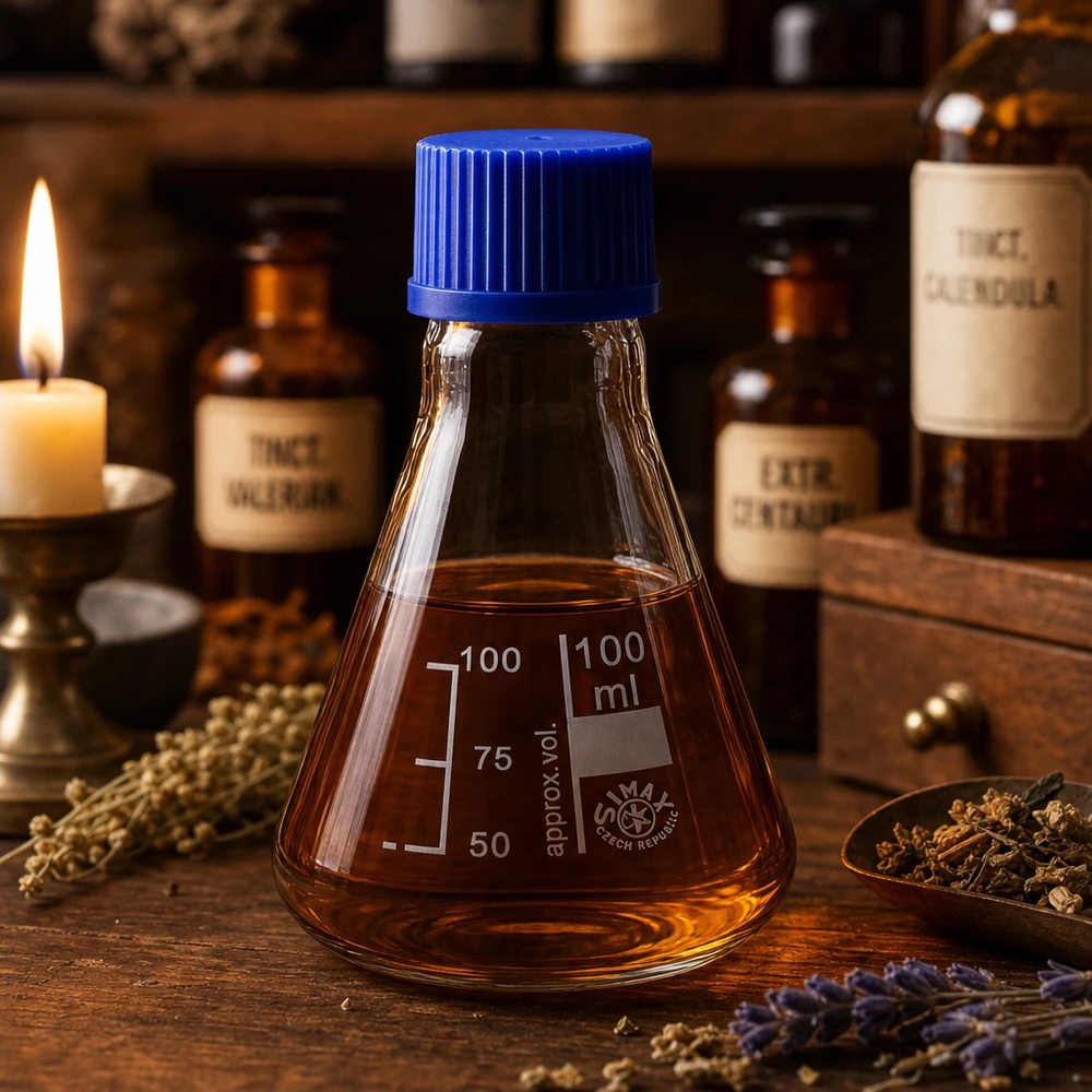 Erlenmeyer-kolbe 100 ml med skruelåg Brun glaskolbe 100 ml Erlenmeyer med blåt skruelåg til aromaterapi og urteblandinger