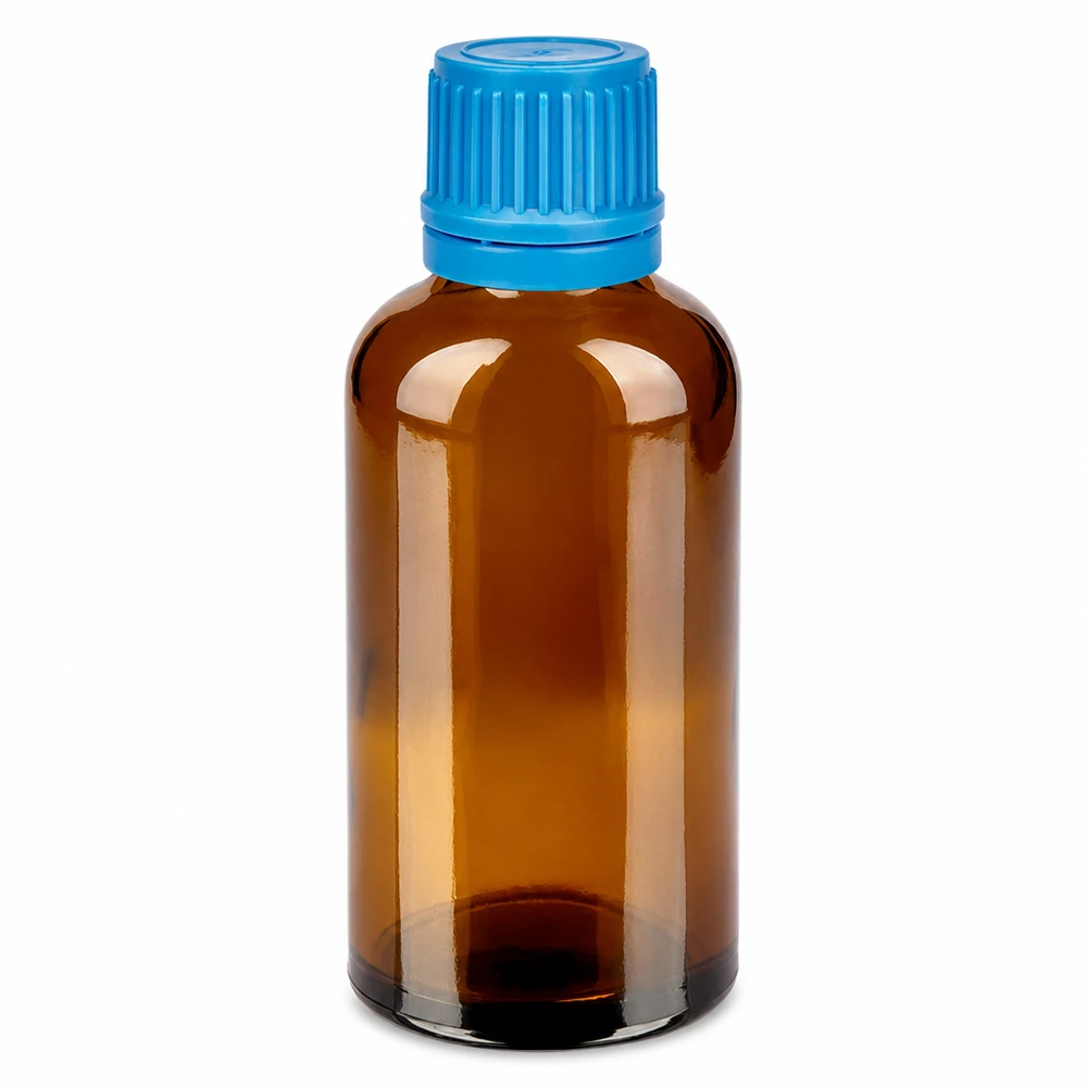 50 ml flaske 11 mm SV blå OV BrownLine UT18/50 50 ml ravfarvet glasflaske med blåt skruelåg til medicin og dråber