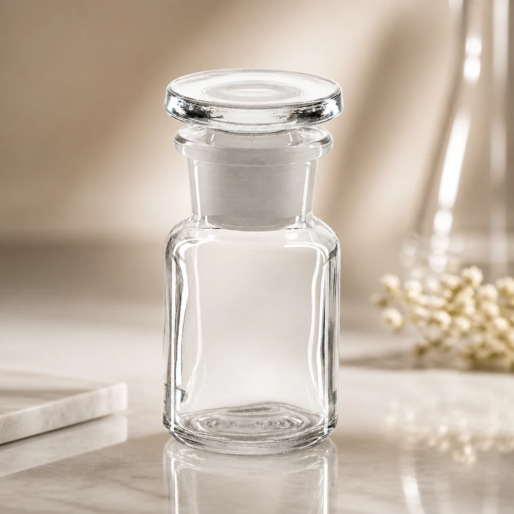 Rund skulderflaske 50 ml klar glasprop med bred hals Tom, gennemsigtig apotekerflaske på 50 ml med bred hals og rund glasprop på marmor