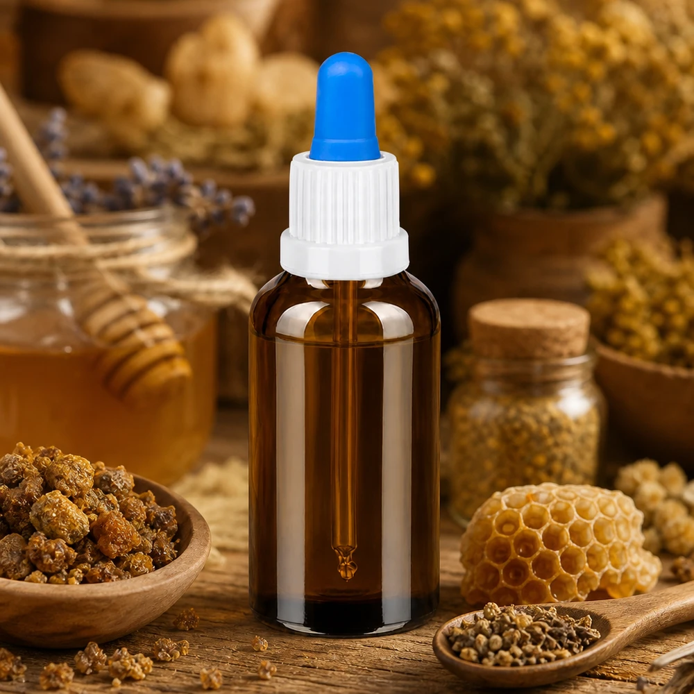 30 ml pipetteflaske hvid/blå OV BrownLine UT18/30 Professionel 30 ml pipetteflaske med blå pipette til præcis dråbedosering inden for naturmedicin