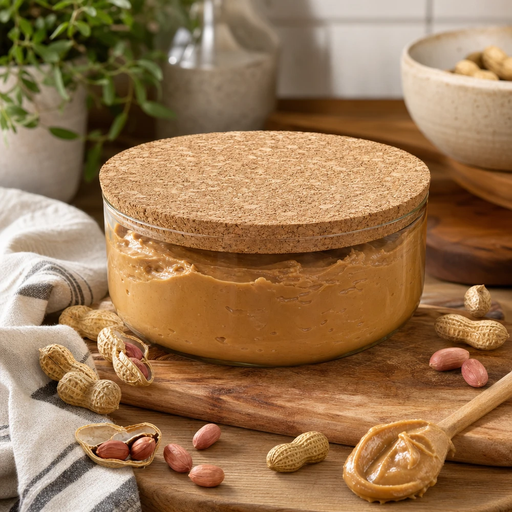 Kork til 75 mm åbning WECK RR80 (ø72/82, H=20 mm) WECK RR80 kork naturkork i hyggeligt køkken med peanutbutterglas peanuts praktisk opbevaring