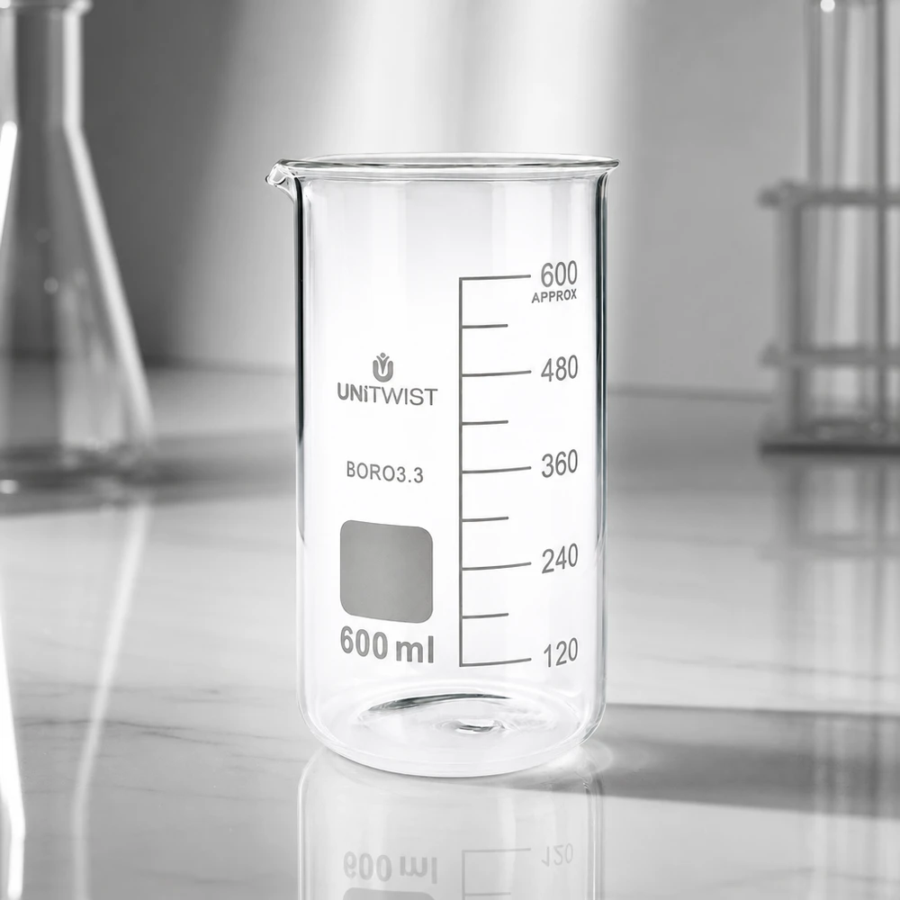 Bæger 600 ml borosilikat, høj form UNITWIST UNITWIST bægerglas, 600 ml, høj model, borosilikatglas, tomt, på laboratoriebordet med en Erlenmeyer-kolbe i baggrunden