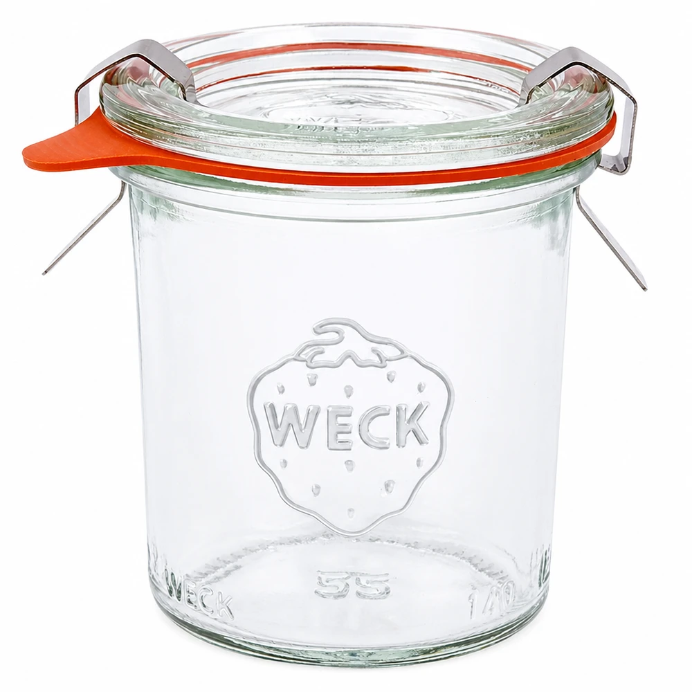 140 ml Briller komplet WECK RR60 WECK 140 ml RR60-glas med glaslåg, gummiring og klemmer, komplet sæt til konservering og opbevaring