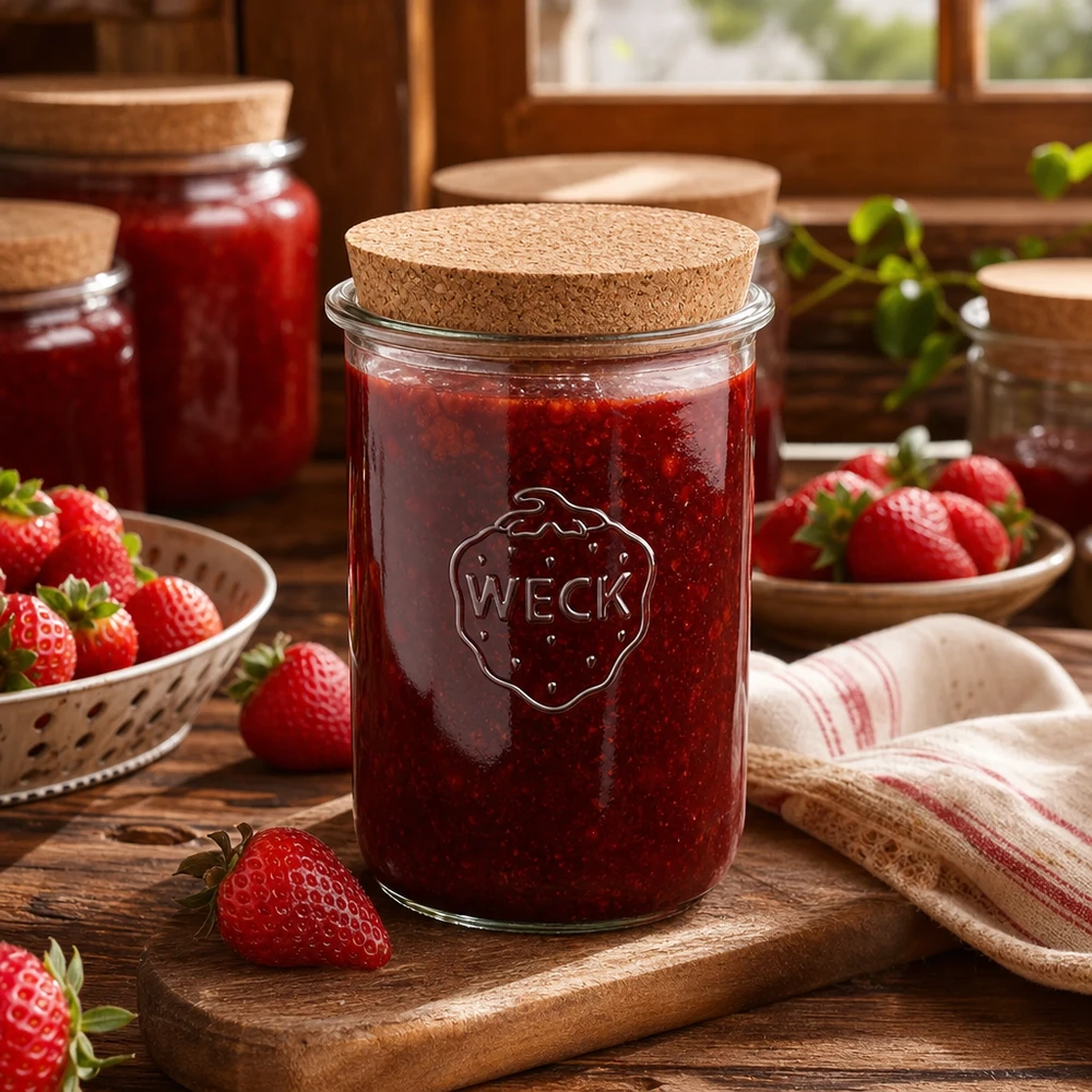 1000 ml Briller WECK RR100 med kork natur WECK-glas 1000 ml RR100 med korkprop fyldt med jordbærmarmelade omgivet af friske jordbær rustikt køkken