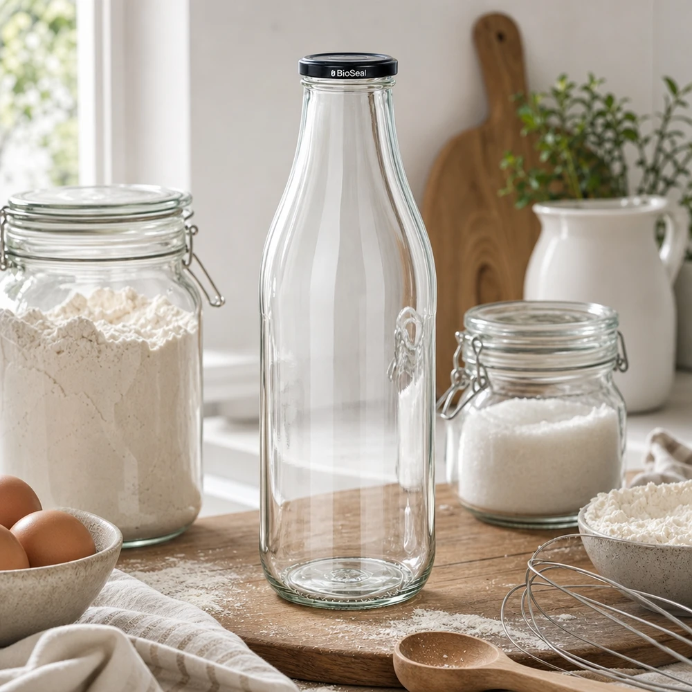 1000 ml glasflaske + BioSeal-låg sort UNiTWIST. Absolut lækagesikker med stort TO48-låg. Til mælk, juice og limonade. 1000 ml glasflaske med BioSeal-låg i køkkenet mellem opbevaringskrukker mel sukker køkkenredskaber livsstil