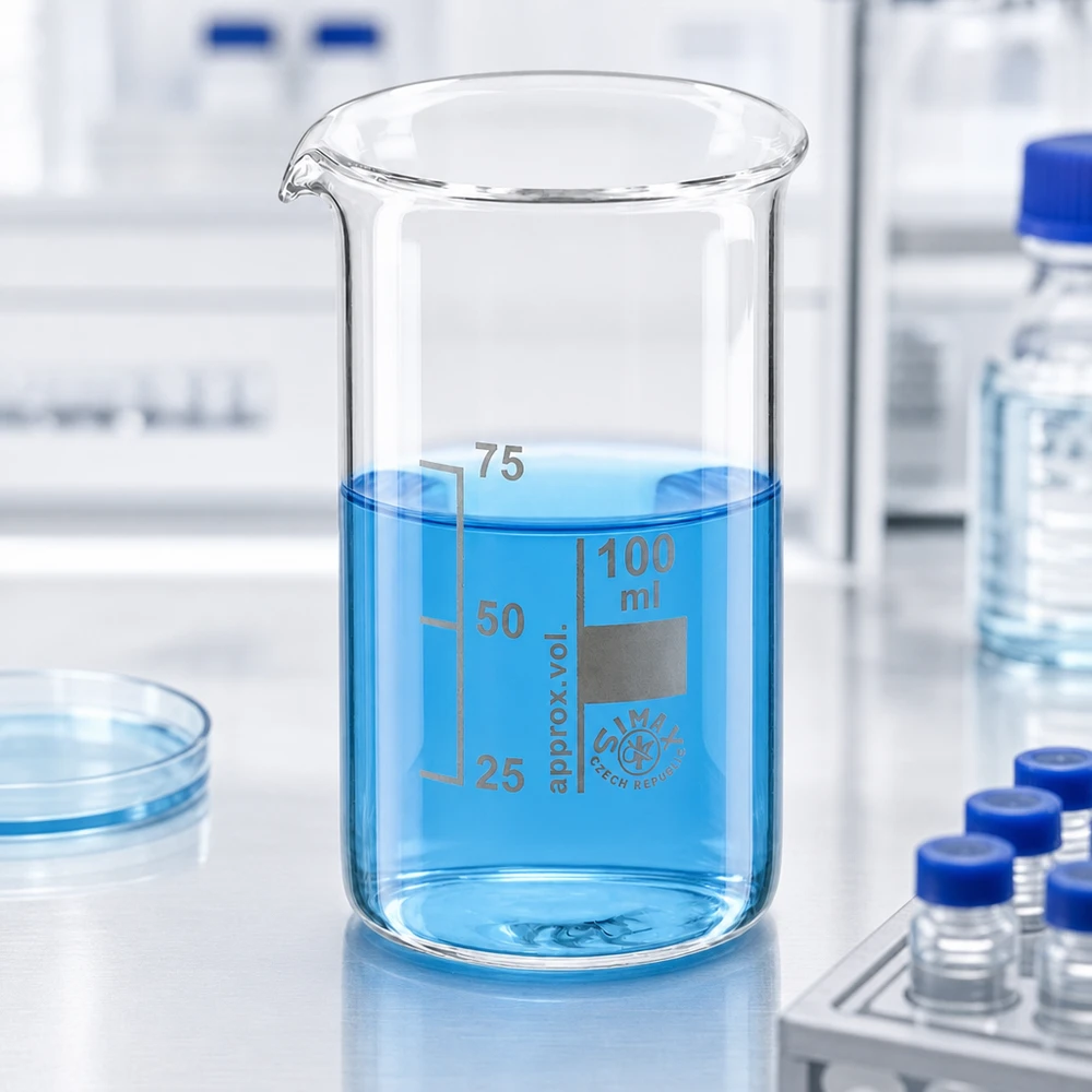 Bægerglas 100 ml borosilikatglas, høj form Præcisionsbægerglas, 100 ml, høj model med indbrændt skala: 25, 50, 75 ml, borosilikatglas