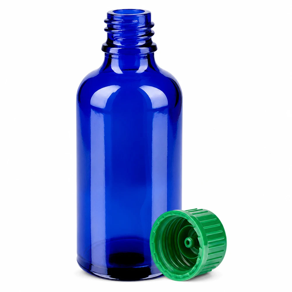 50 ml ravfarvet glasflaske med 18 mm DIN-gevind og børnesikret hætte til medicinering