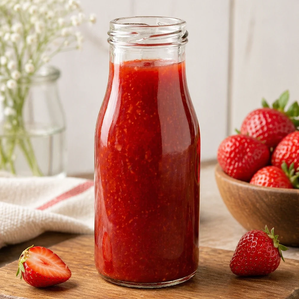 UNiTWIST Bottle150 - Flaske med indhold 150 ml TO43 UNiTWIST Bottle150 Glasflaske 150 ml TO43 fyldt med jordbærsaft ved siden af friske jordbær på et træbord
