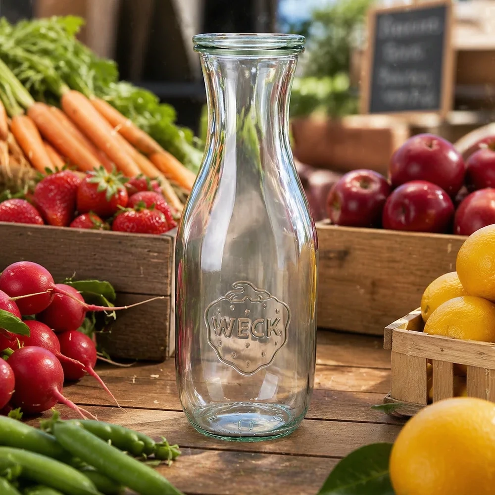 1062 ml saftflaske med glaslåg WECK RR60 WECK juiceflaske 1062ml gennemsigtig tom på træbord med friske frugtgrøntsager radiser gulerødder citroner æbler