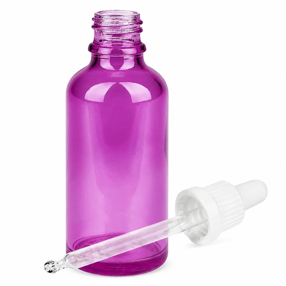 50 ml pipetteflaske hvid Originality skruelåg PurpleLine UT18/50 Lilla glasflaske 50 ml med pipette til kosmetik og æteriske olier - præcis påføring