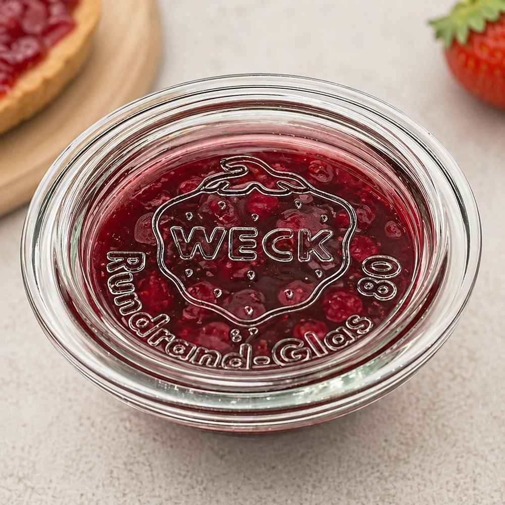 WECK glaslåg RR80 WECK Glasdeckel RR80 mit Marmelade befüllt zeigt praktische Verwendung als Schale für Konfitüre und Aufstriche