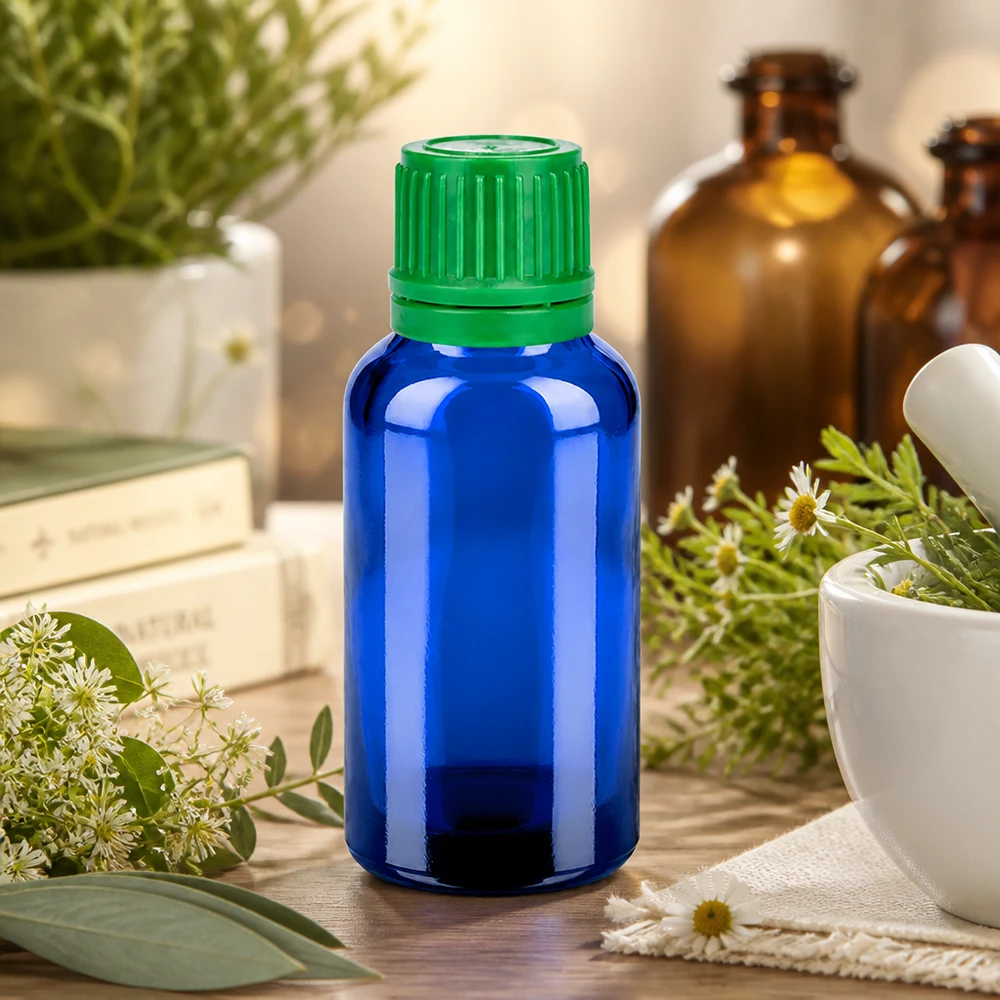 30 ml flaske 11 mm SV grøn OV BlueLine UT18/30 Kompakt 30 ml glasflaske med 11 mm åbning, ideel til mobil aromaterapi og rejser.