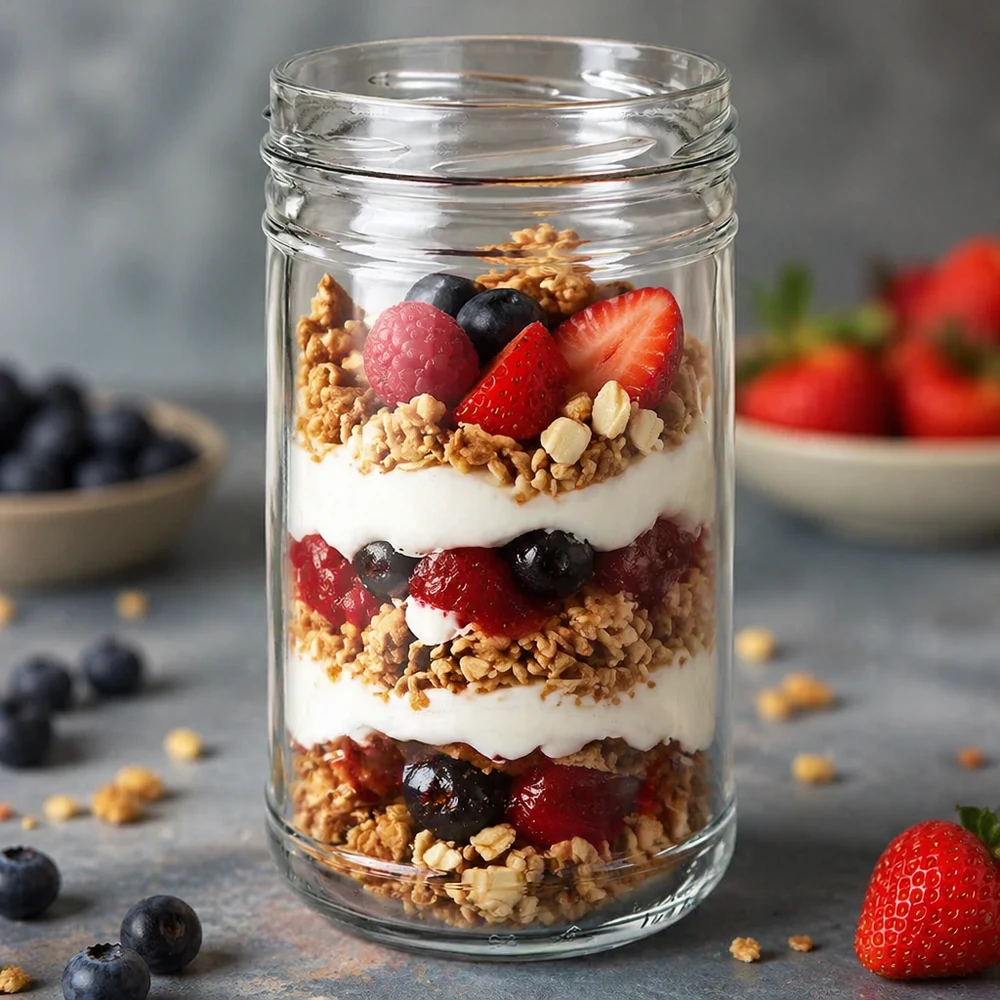 UNiTWIST Sturz1053 - Briller med en kapacitet på 1053 ml TO100 UNiTWIST-bægre 1053ml TO100 fyldt med yoghurt-müsli-bær-lagdelt dessert som et anvendelseseksempel køkken