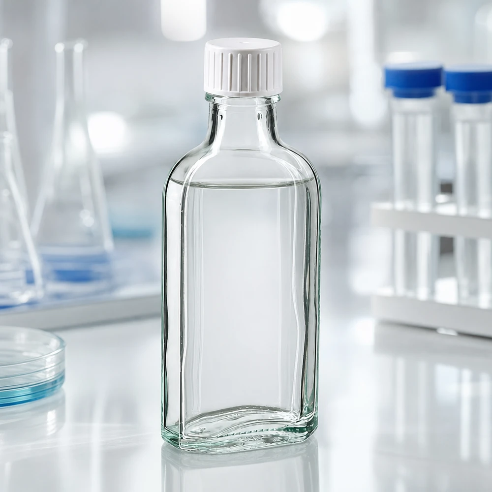 100 ml Meplat klar skruelåg med hældering Flad 100 ml Meplat-glasflaske med hvid skruelåg og hældering i stående format