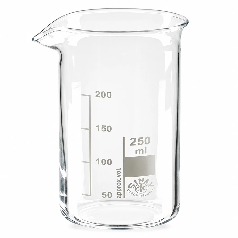 Bæger 250 ml borosilikatglas, høj form 250 ml høj beger af klart borosilikatglas med milliliterskala til laboratoriebrug