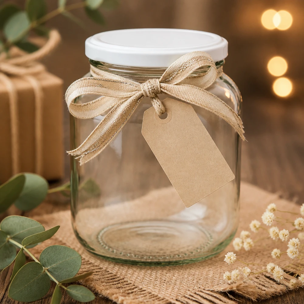 370 ml oval krukke med BasicSeal-låg hvid UNiTWIST 370ml Ovalglas UNiTWIST mit weißem Deckel dekorativ gestaltet mit Juteband und Geschenkanhänger als Geschenkidee