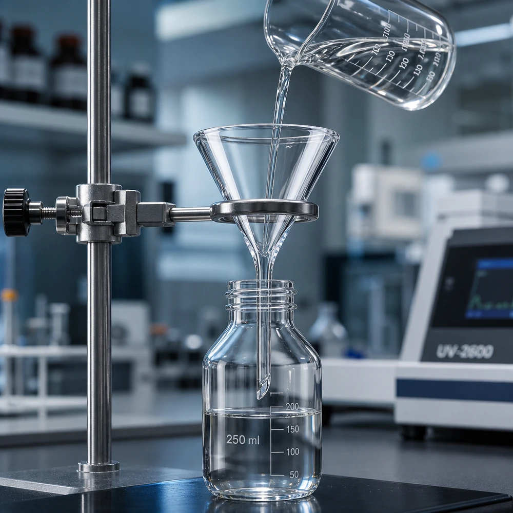 Tragt Ø 40 mm sodakalk, vinkel 60°, kort model Kompakt 40 mm laboratorietragt af sodakalkglas med pladsbesparende kort håndtag til trange arbejdsområder