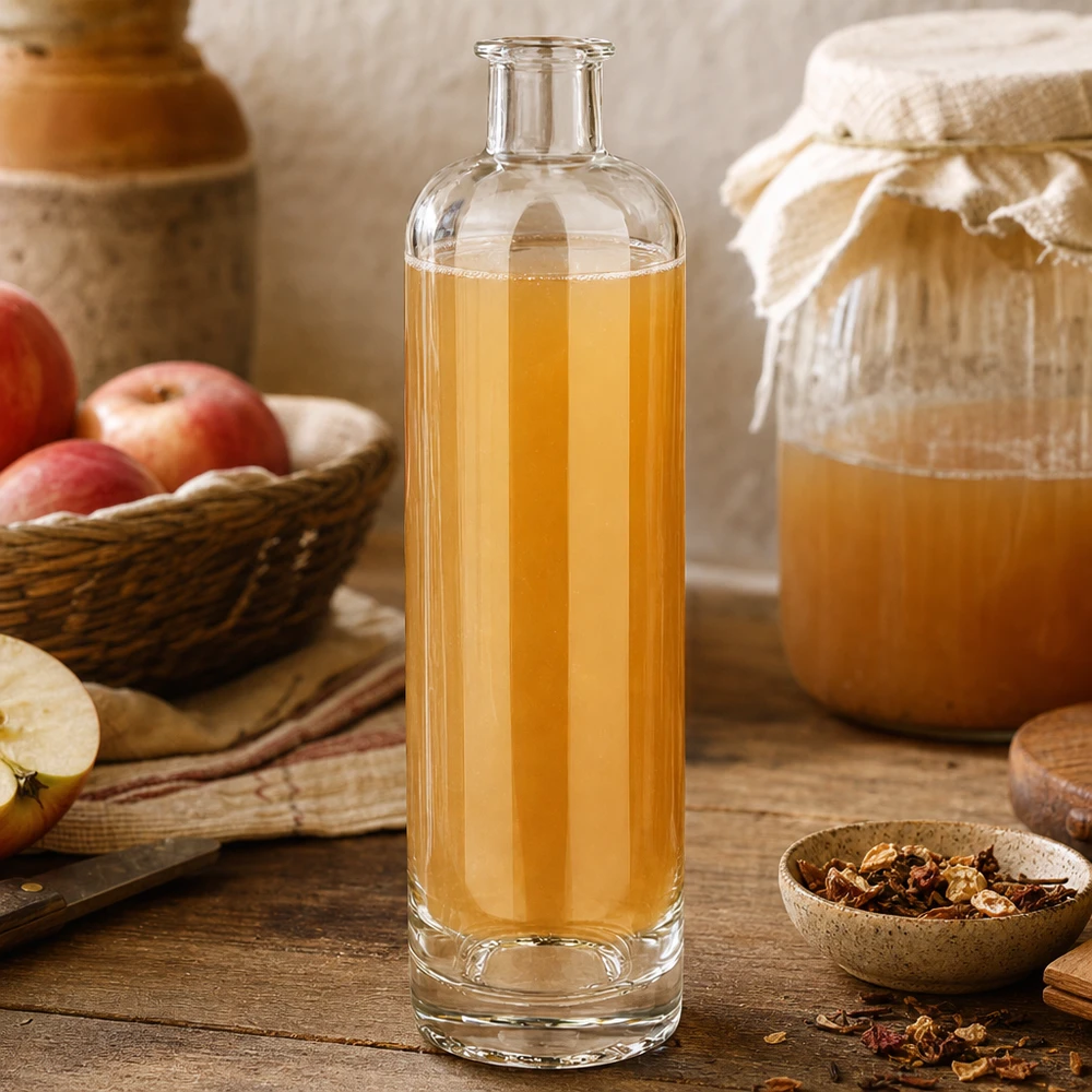 500 ml glasflaske »Ella« uden lukning UNiTWIST® 500 ml glasflaske Ella UNiTWIST fyldt med æblejuice ved siden af friske æbler og honning rustikt køkkenlandskab