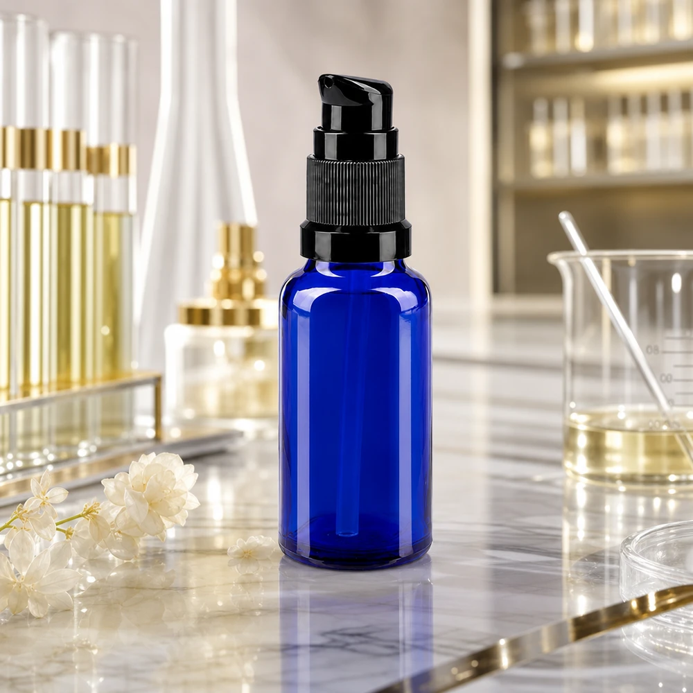 Blå 20 ml pumpeflaske af apotekerglas i et laboratorium med en bægerglas og reagensglas