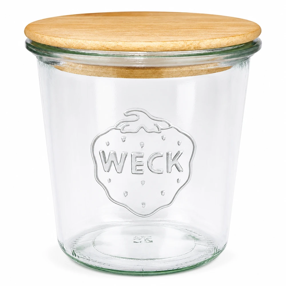 580 ml Briller WECK RR100 med trælåg 580 ml WECK RR100 murerbalje med naturligt trælåg, gennemsigtig murerbalje med præget logo