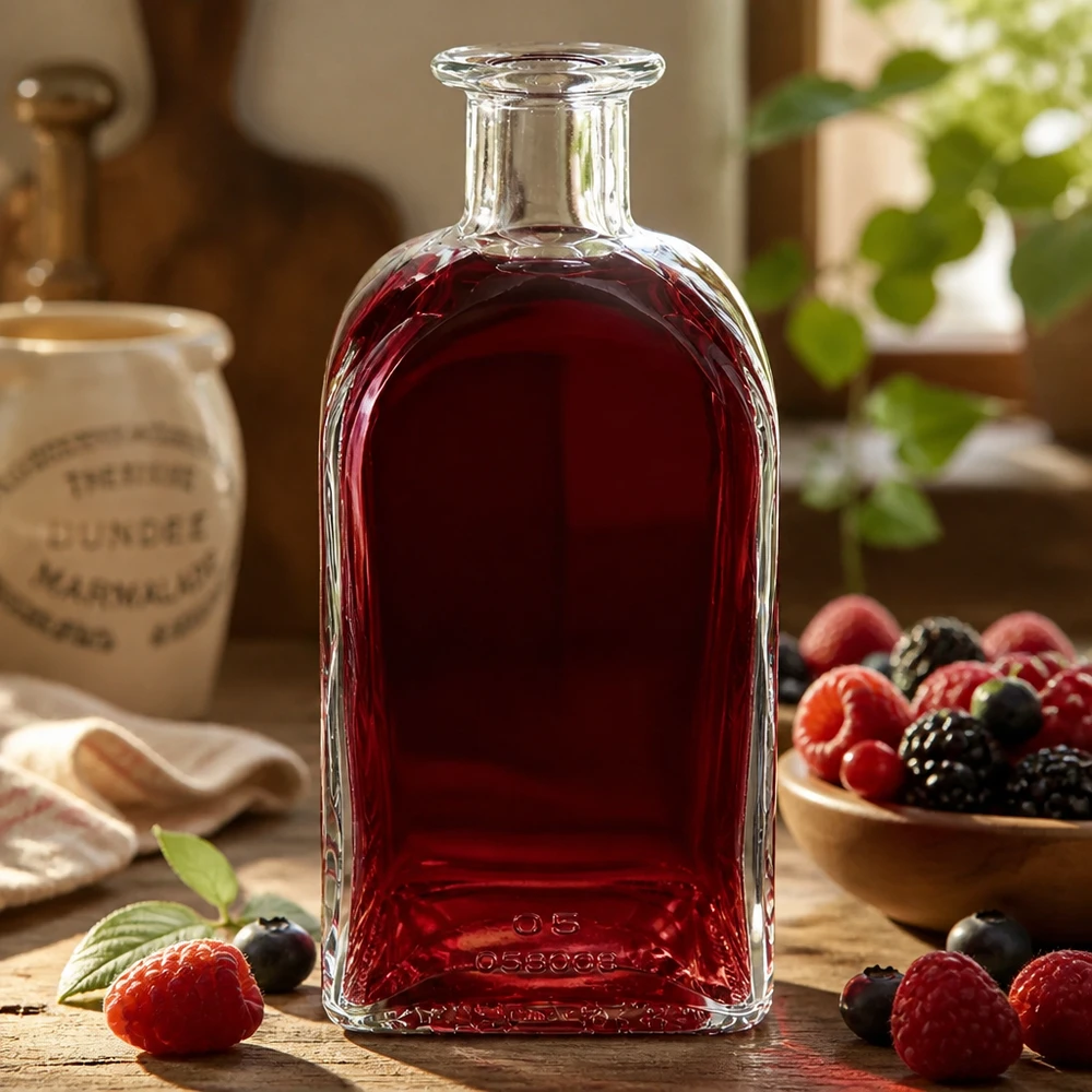 500 ml apoteksflaske Julia uden lukning UNiTWIST® Glasflaske Julia 500 ml fyldt med rød væske omgivet af bær som dekoration på træbord