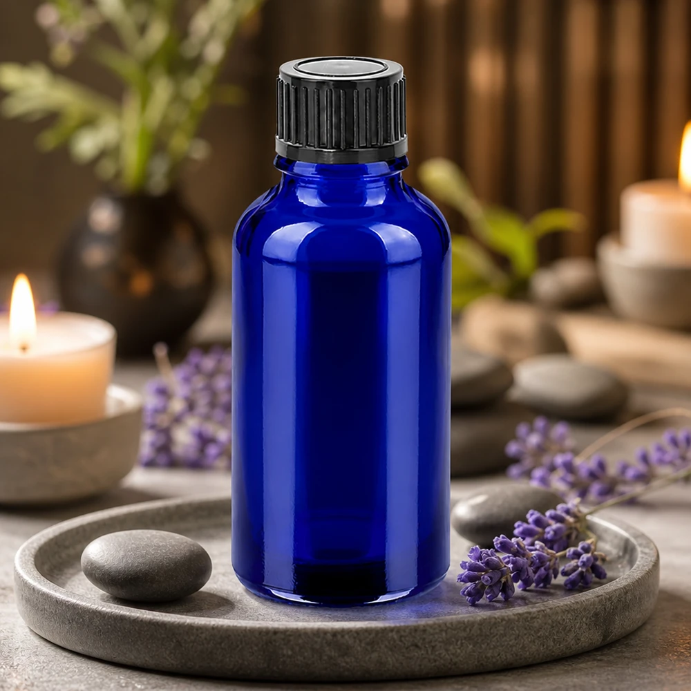 30 ml koboltblå glasflaske med 11 mm skruelåg til professionel aromaterapi
