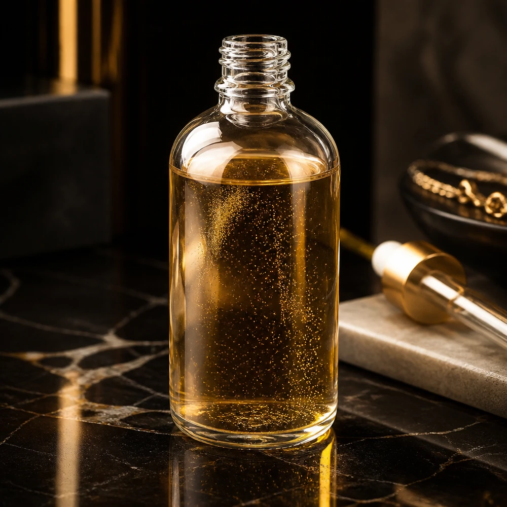 100 ml Apoteksflaske ClearLine DIN18 UNiTWIST Gennemsigtig glasflaske på 100 ml med gyldent glitterolie på sort marmor UNiTWIST ClearLine DIN18