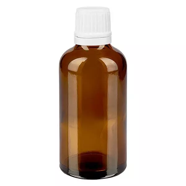 Apoteksflaske brun 50ml dryp v. 1,2 mm hvid OV Apoteksflaske brun 50ml dryp v. 1,2 mm hvid OV
