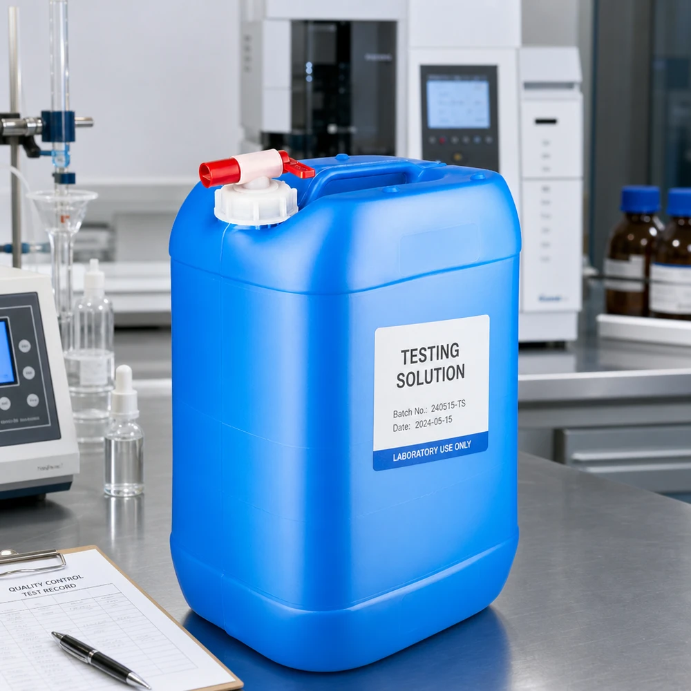 25 liters blå dunk med taphane Laboratoriekande på 25 liter, blå, med udløbshane, på et bord af rustfrit stål ved siden af laboratorieudstyret