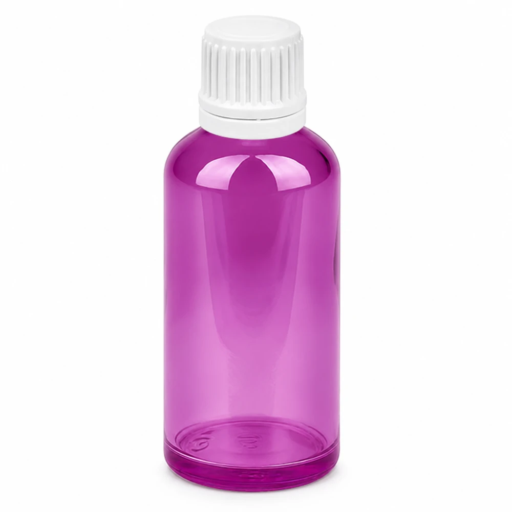 50 ml dråbeflaske 0,7 mm hvid Originality skruelåg PurpleLine UT18/50 50 ml dråbeflaske i lilla transparent med hvid hætte til præcis dosering