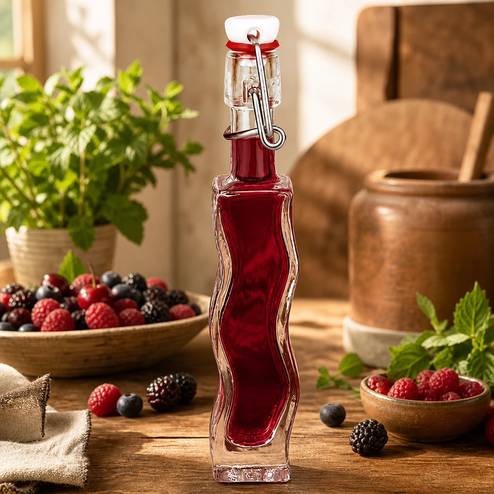 40 ml Glasflaske »Fila« med PVC-skruelåg UNiTWIST® 40ml Glasflasche Anna mit Beerensaft gefüllt, dekorativ arrangiert mit frischen Beeren und Minze auf Holztisch
