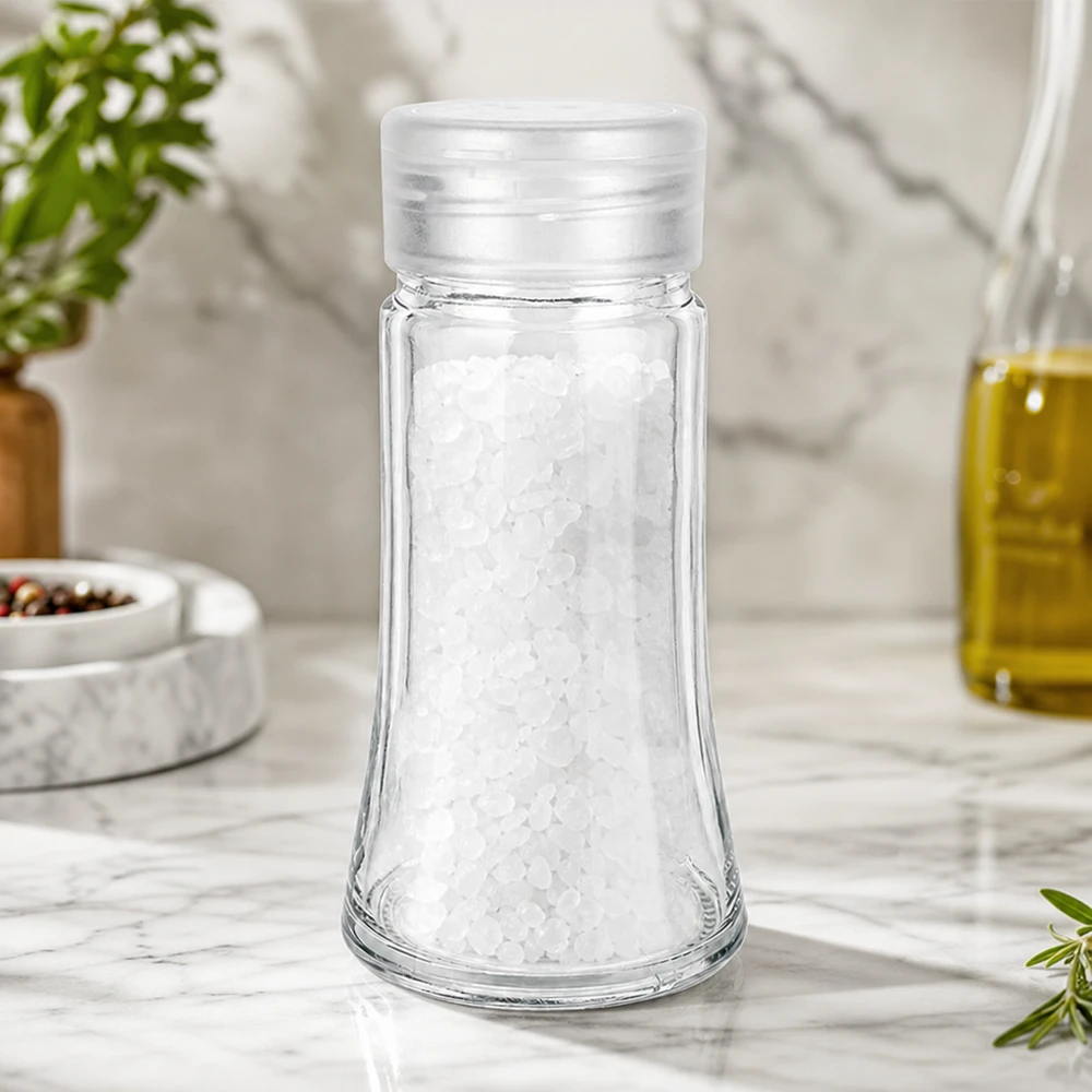 Salt-/krydderikrukke 95 ml med strøer, hvid Glasstrøer på 95 ml fyldt med groft havsalt på en hvid marmorbordplade