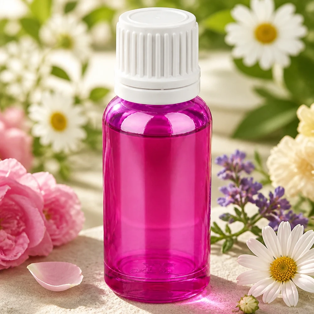 20 ml dråbeflaske 0,7 mm hvid Originality skruelåg PurpleLine UT18/20 Lilla dråbeflaske 20 ml med hvidt UT18/20-skruelåg til flydende kosmetiske produkter