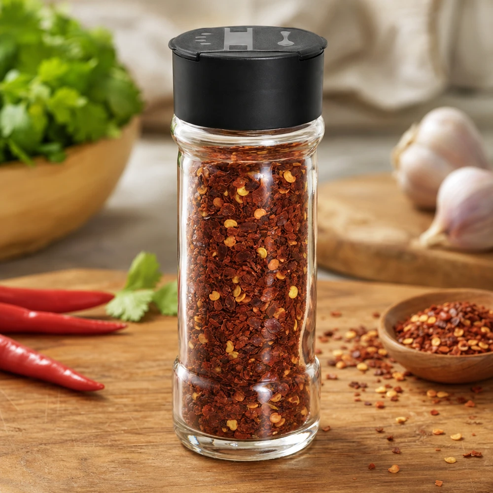 Salt-/krydderikrukke 100 ml med dobbelt strøer, sort Gennemsigtig glasbeholder på 100 ml fyldt med chiliflager og sort låg med dobbelt strøfunktion