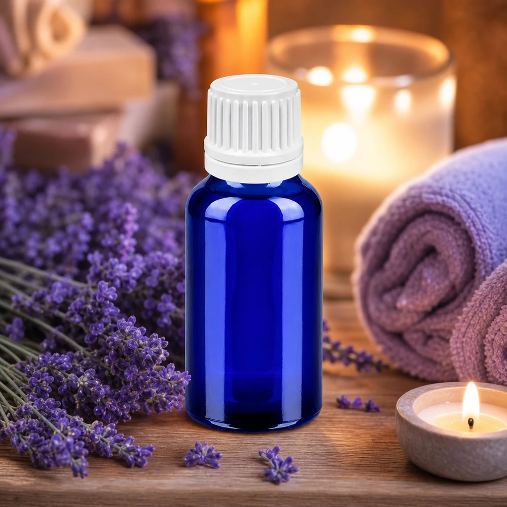 20 ml BlueLine dråbeflaske med hvid OV-hætte til æteriske olier og kosmetik