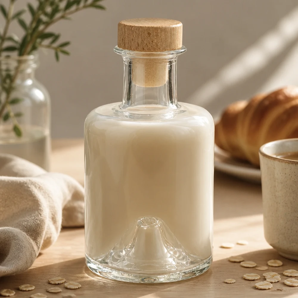 200 ml apoteksflaske »Sofia« med træhåndtag og prop UNiTWIST® 200 ml Sofia-glasflaske med træprop fyldt med cremet havremælk i en naturlig køkkenatmosfære med havreflager