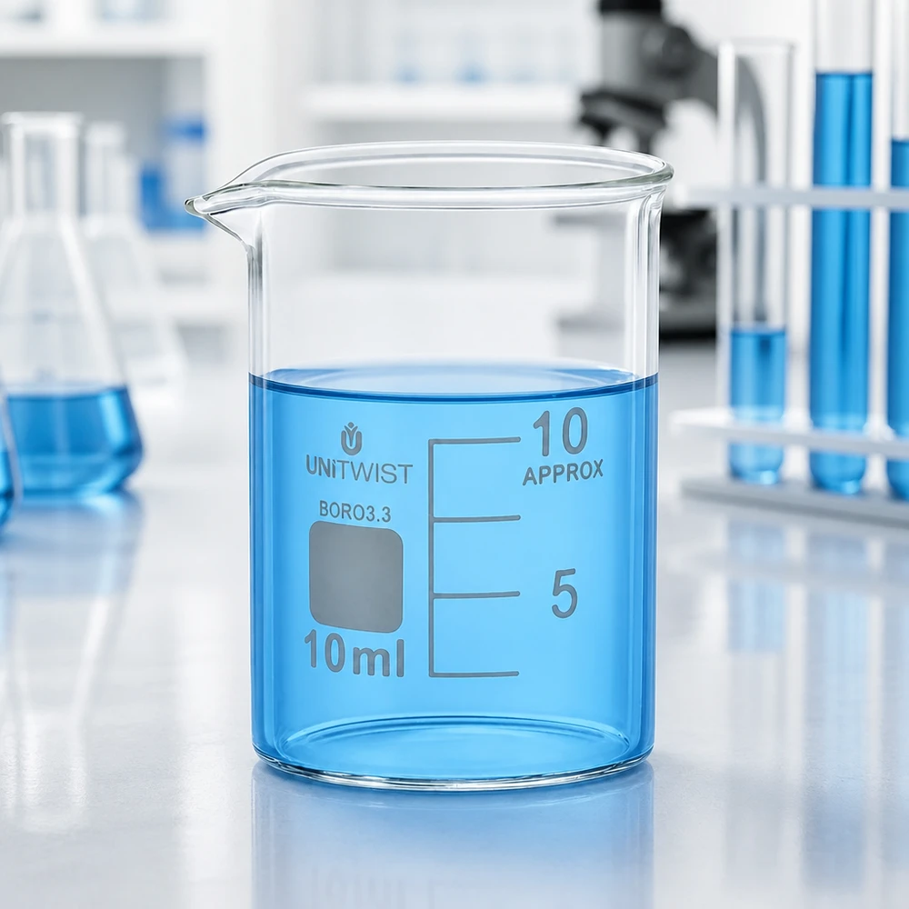 Bæger 10 ml borosilikat, lav form UNiTWIST Gennemsigtigt laboratoriebæger på 10 ml med blå væske på et hvidt laboratoriebord