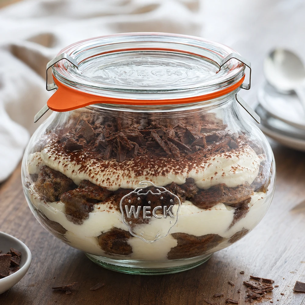 WECK konserveringskrukke 560 ml fyldt med tiramisudessert, demonstration af praktisk brug som opbevaringskrukke