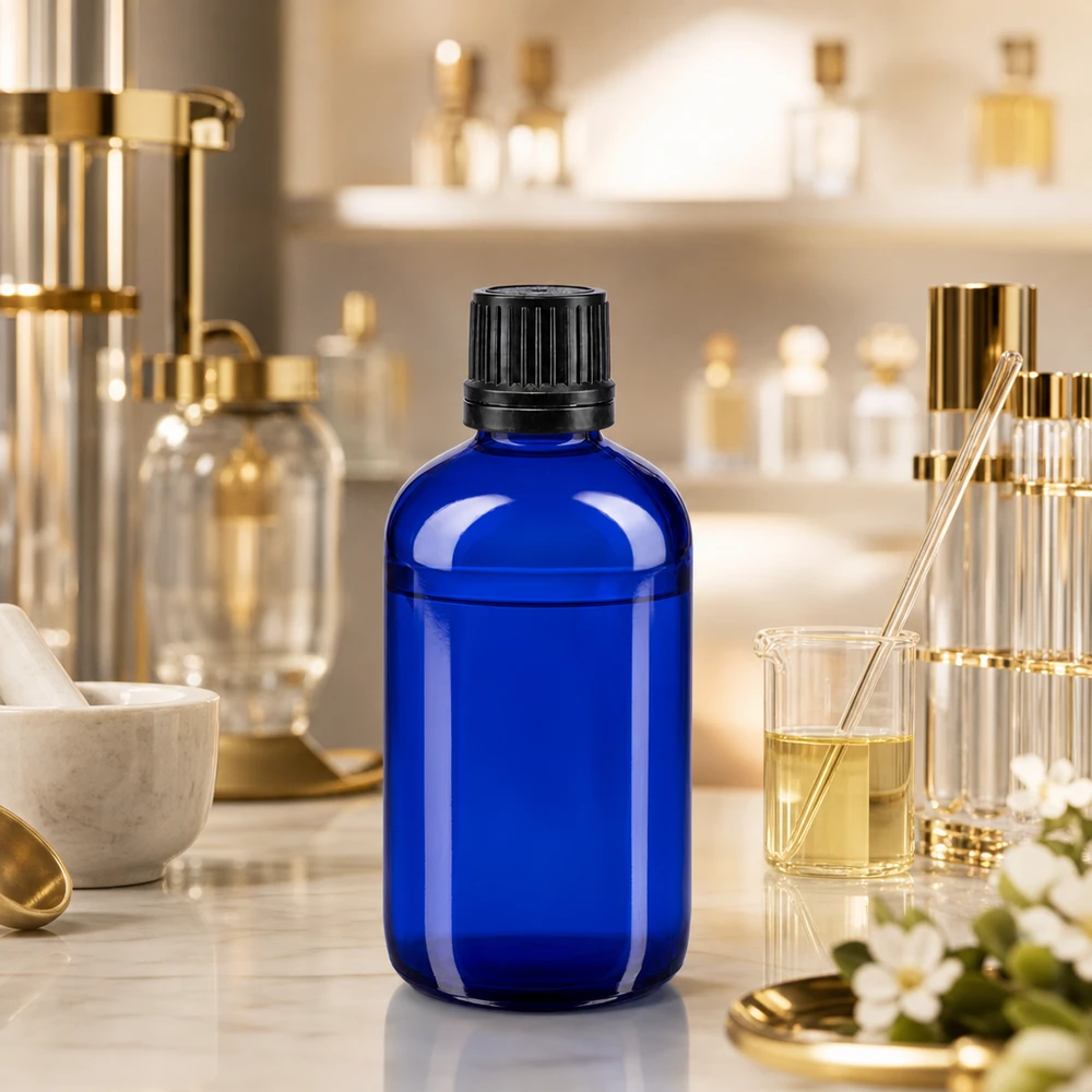 Apoteksflaske blå 100 ml skruelåg sort hældeprop r. OV Blå 100 ml apotekerflaske af glas med sort OV-lukning i parfume-laboratoriet