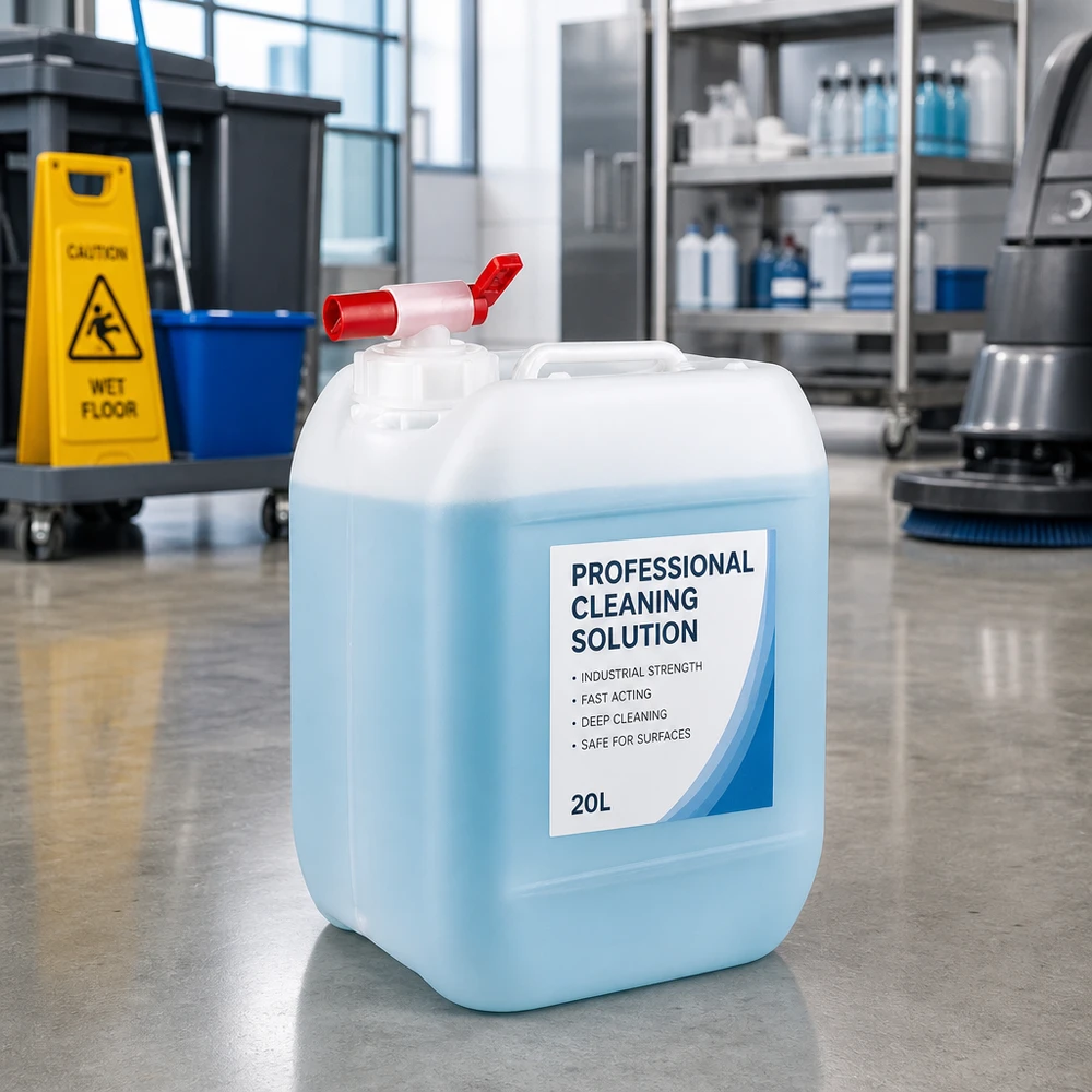 Blå 5-liters beholder til rengøringsmiddel med taphane på betongulv i et professionelt rengøringsmiljø
