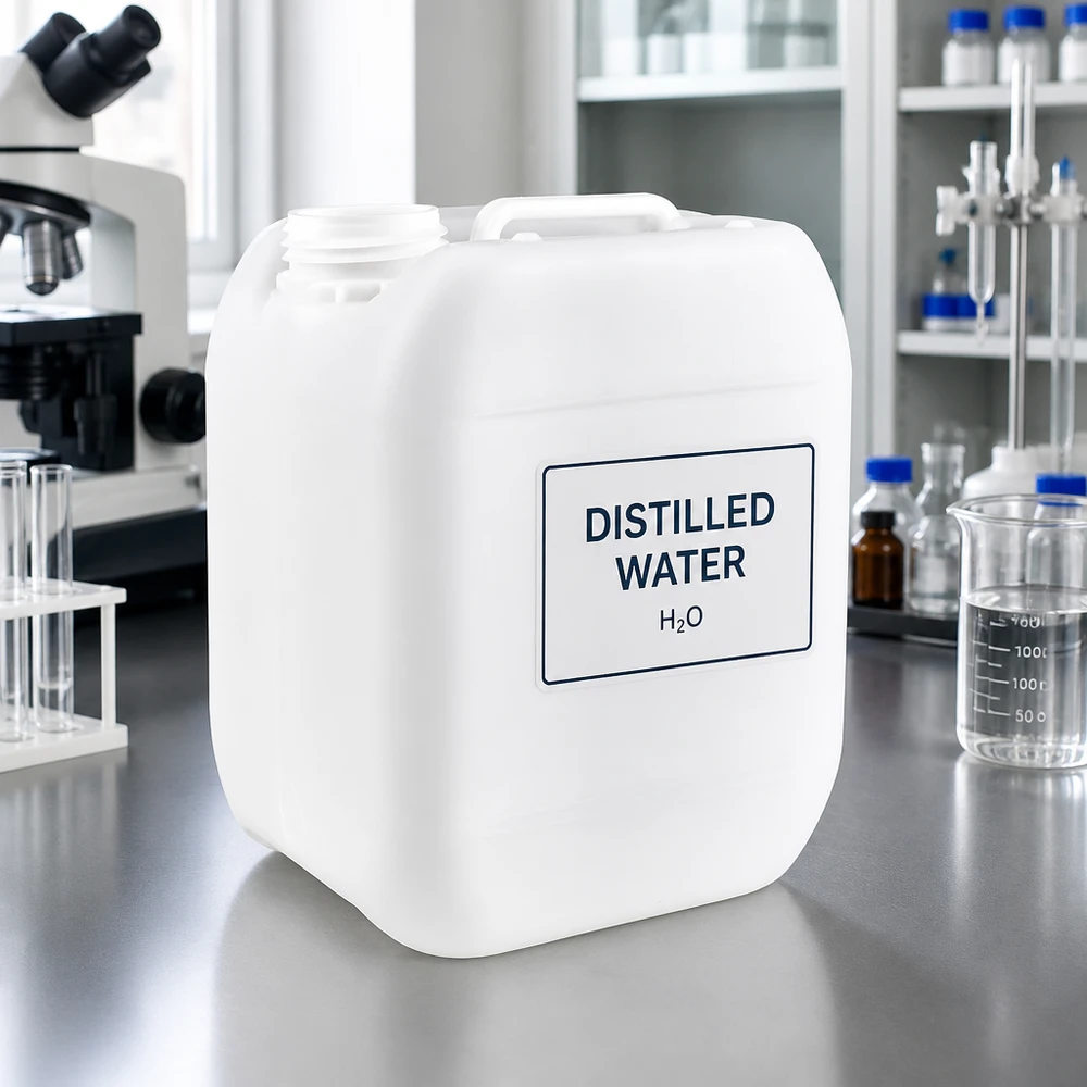 5-liters dunk uden låg med påskriften »Destilleret vand« i laboratoriet