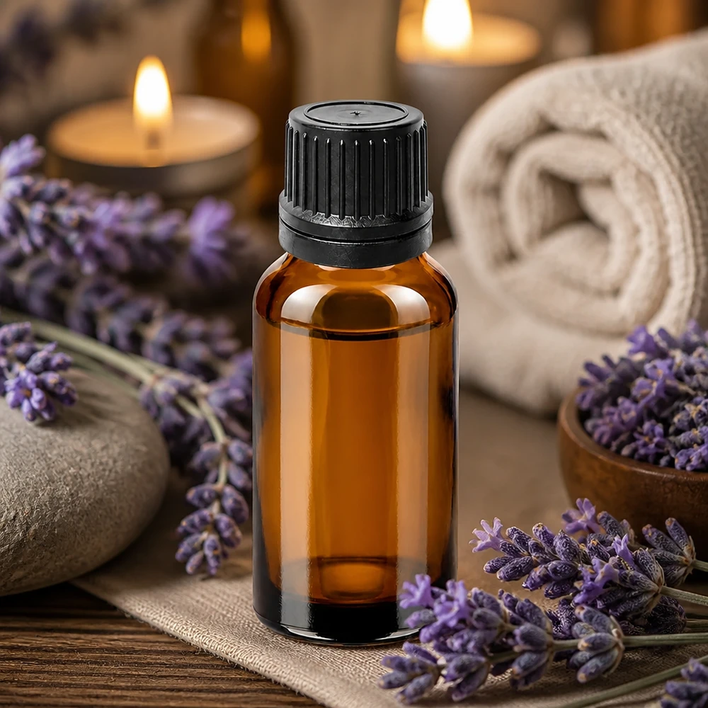 20 ml dråbeflaske 1 mm sort OV BrownLine UT18/20 Aromaterapi-dråbeflaske 20 ml brun til lavendelolie og naturlige dufte med sort hætte