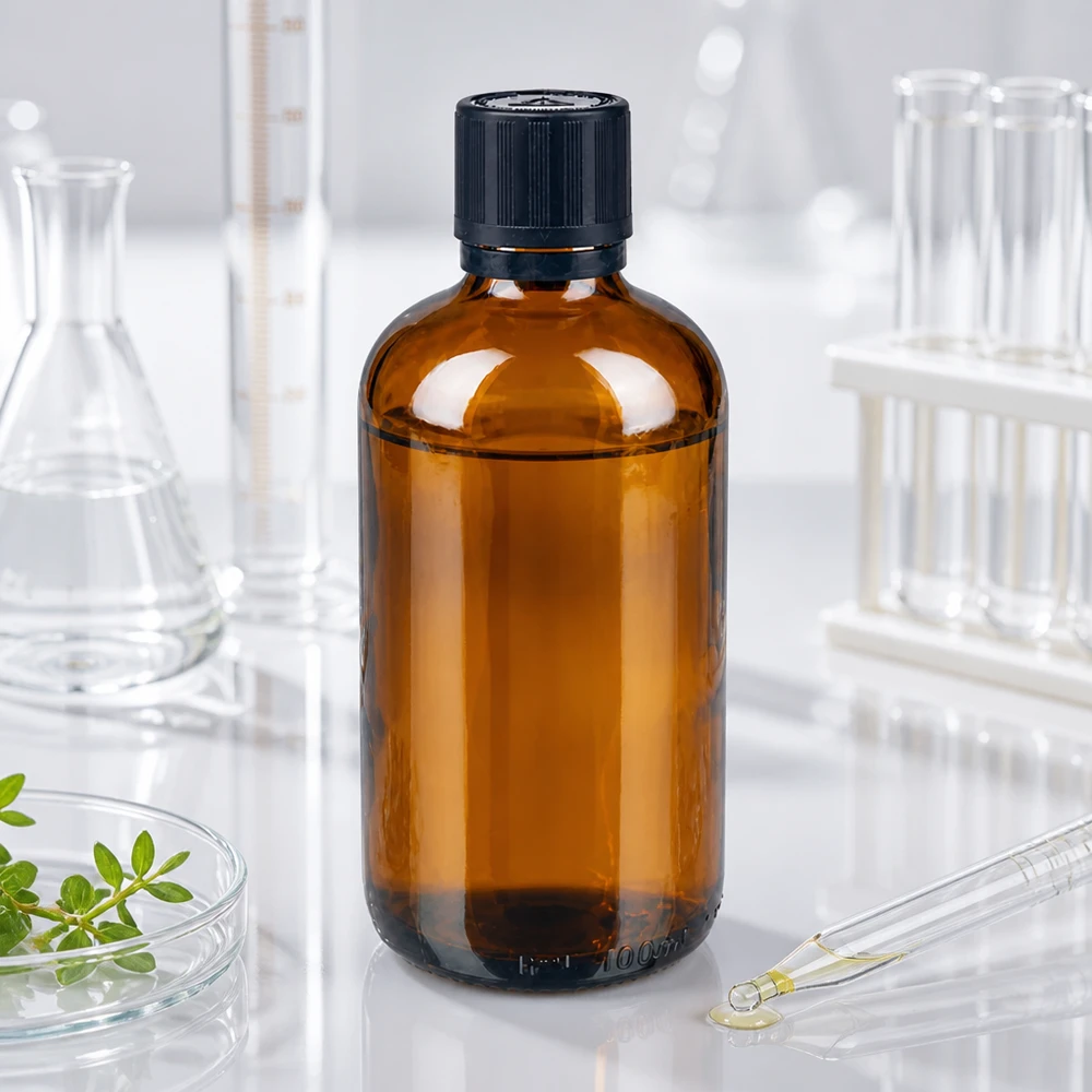 Apotfl. brun 100ml dryp v. Pr 1mm s. KiSi Bliw OV 100 ml brun glasflaske med sort børnesikret låg i laboratoriet mellem en Erlenmeyer-kolbe og reagensglas