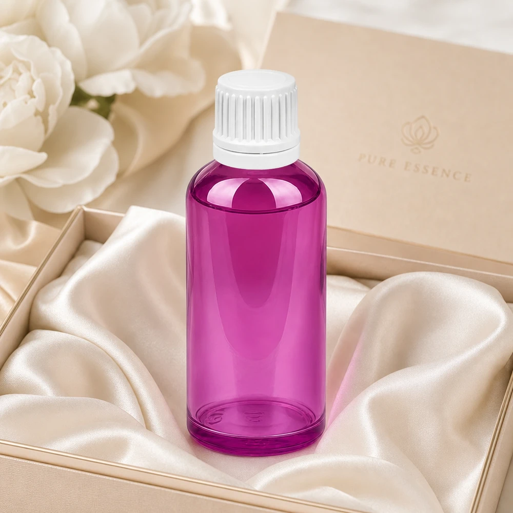 50 ml dråbeflaske 0,7 mm hvid Originality skruelåg PurpleLine UT18/50 Elegant 50 ml dråbeflaske i Purple Line-design med hvid hætte til aromaterapi