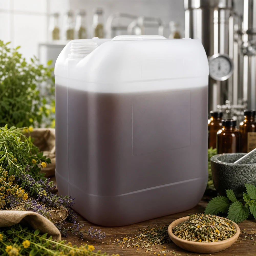 Urteekstrakt i en 20-liters dunk uden låg, omgivet af friske lægeurter og tørrede blomster
