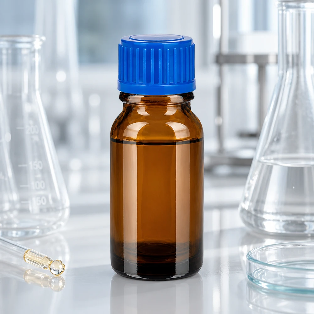 10 ml flaske 11 mm SV blå STD BrownLine UT18/10 10 ml glasflaske i laboratoriekvalitet, brun med blå skruelåg til præcis dosering