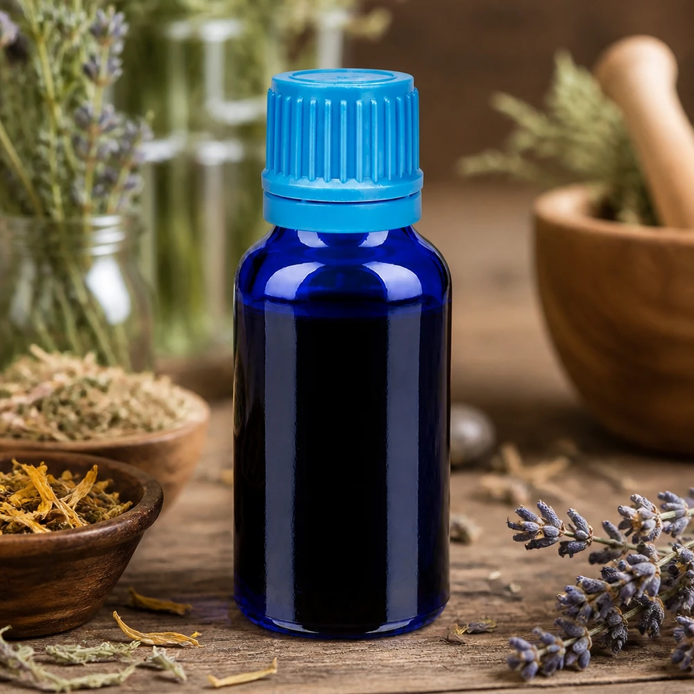 Professionel 20 ml BlueLine-flaske med original turkis hætte til naturkosmetik og urteekstrakter
