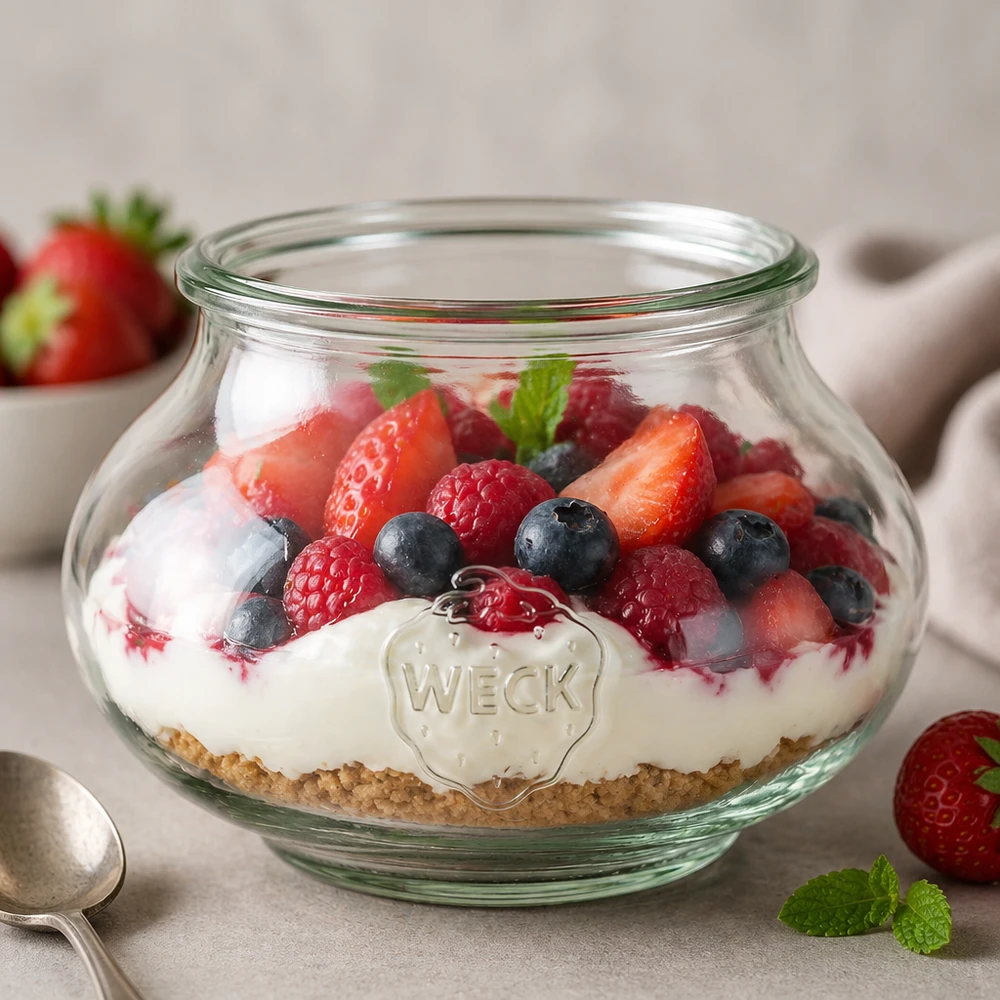 560 ml WECK RR80-glas med låg WECK Schmuckglas 560ml RR80 als elegantes Dessertglas mit Beerenmischung und Creme für stilvolle Tischdekoration