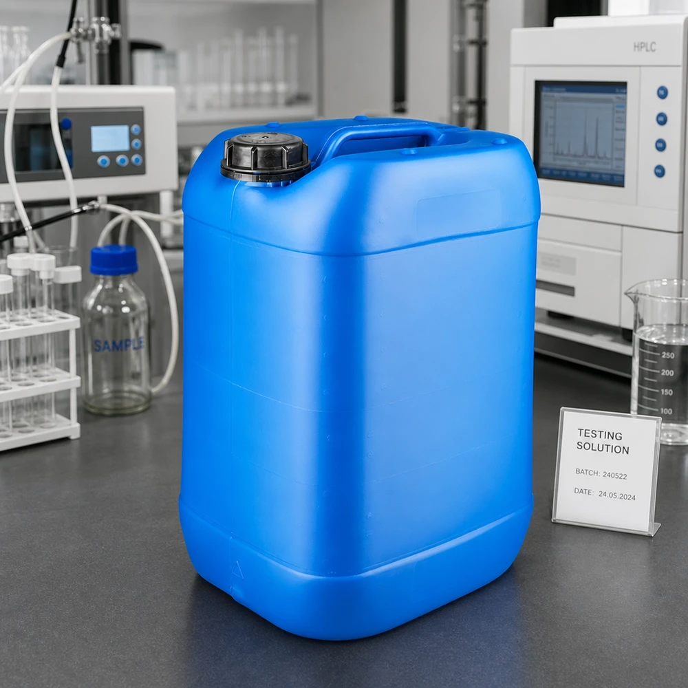 25 liters blå dunk med skruelåg OV Robust 25-liters HDPE-beholder i blå med børnesikret OV-lukning til brug i laboratoriemiljøet